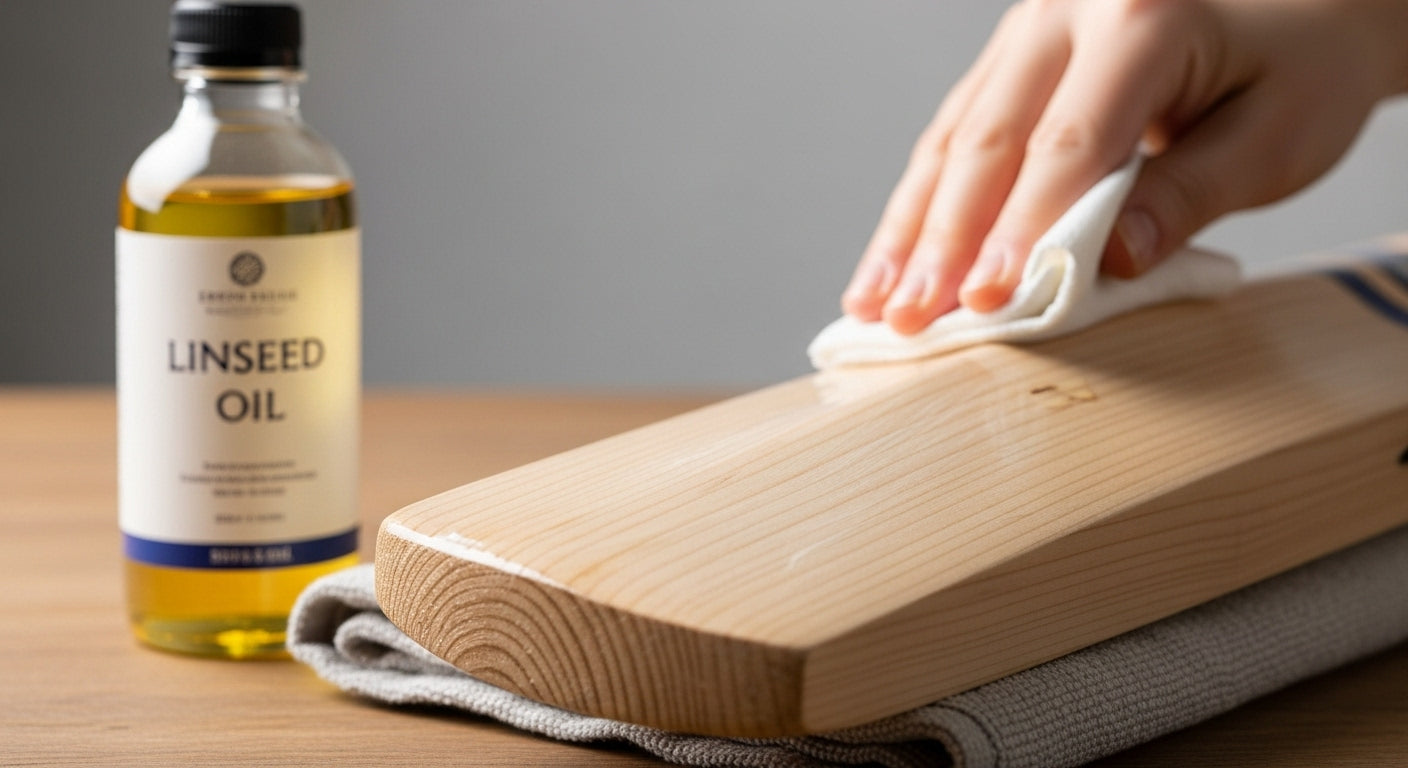 Person applying linseed oil to a wooden surface with a bottle of linseed oil in the background.