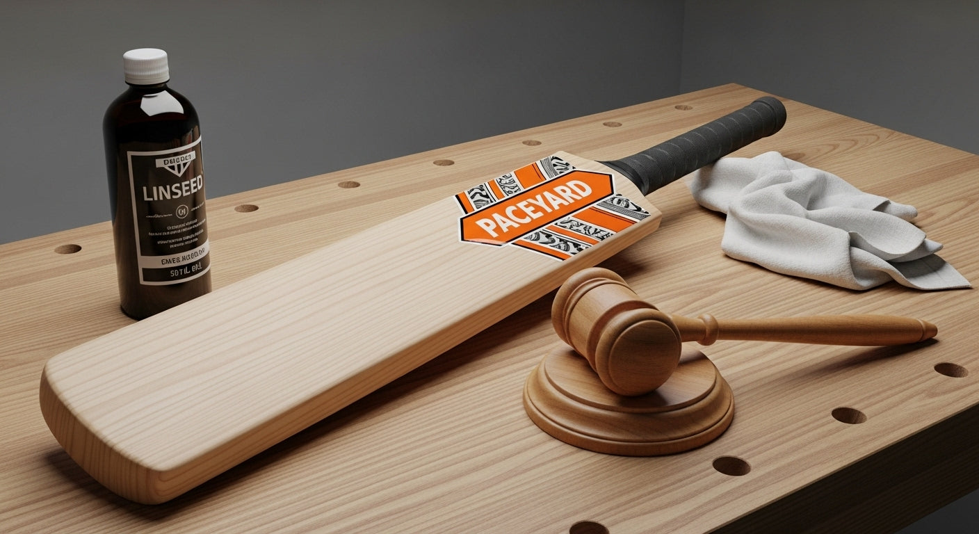 Wooden cricket bat, bottle of Linseed Oil, and wooden gavel on a wooden surface.
