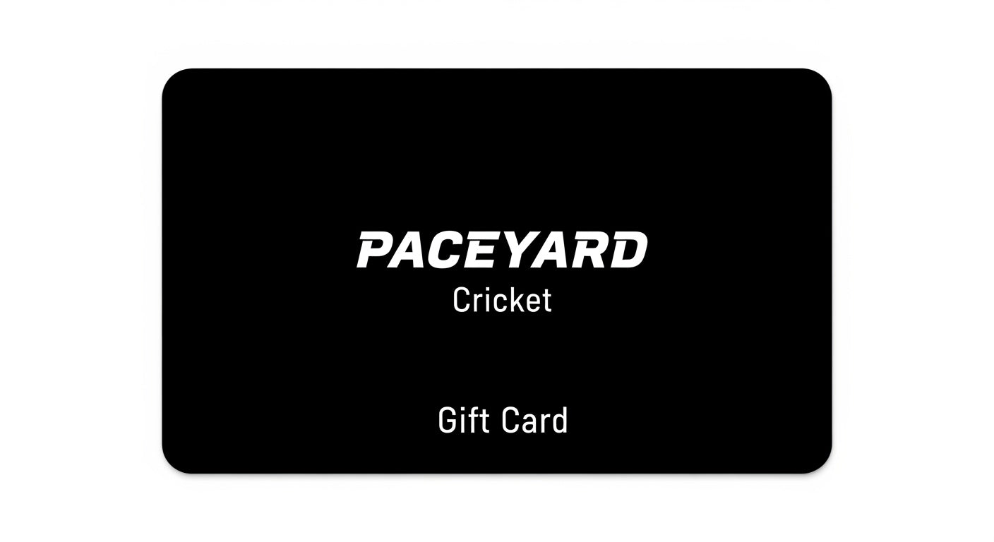 Black gift card with 'PACEYARD Cricket' text on a white background