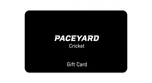 Black gift card with 'PACEYARD Cricket' text on a white background