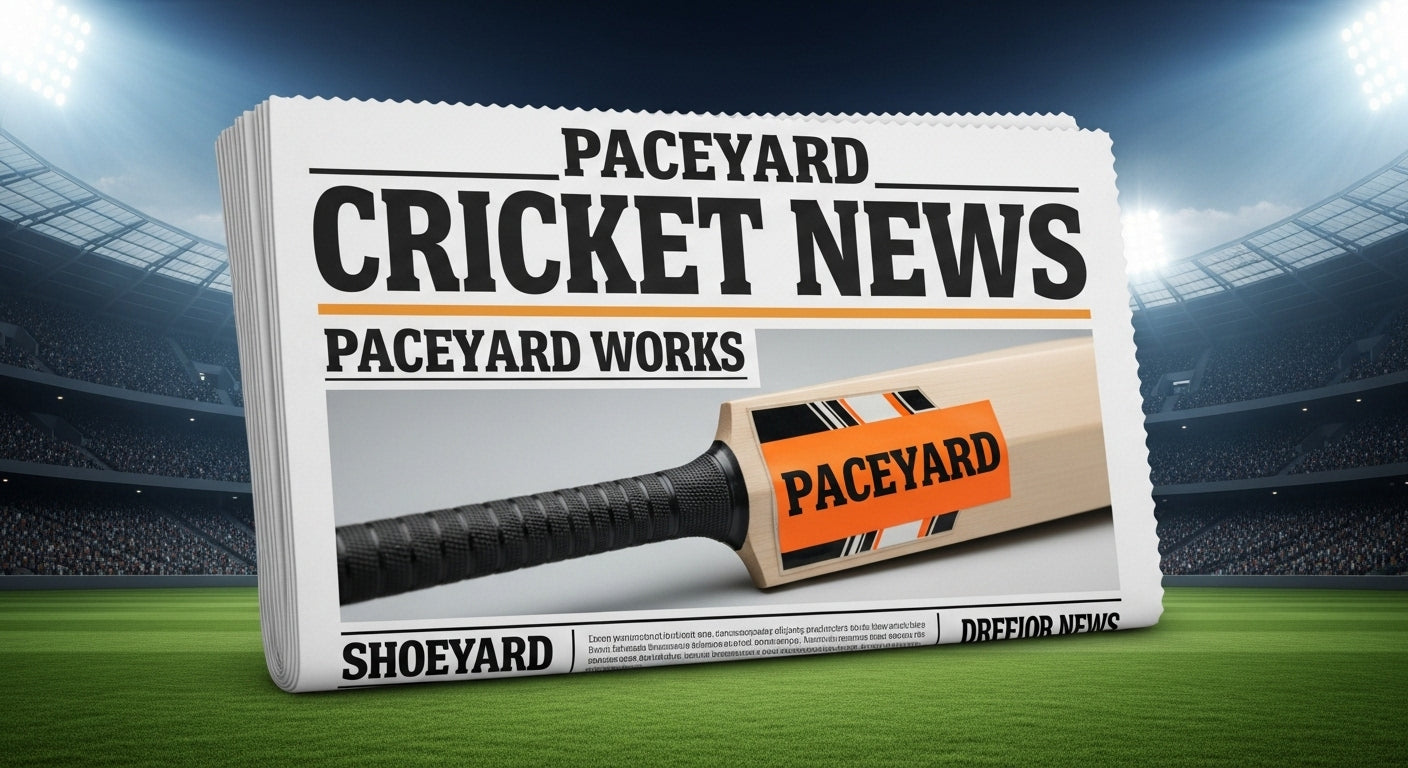 Newspaper with 'Paceyard Cricket News' and a cricket bat on a sports field background