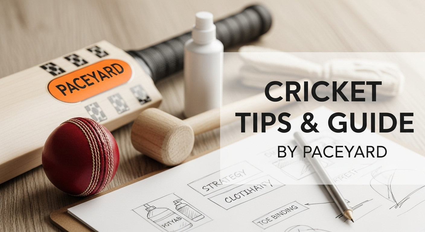Cricket bat, ball, and spray bottle on a table with 'Paceyard' branding and text about cricket tips and guide.